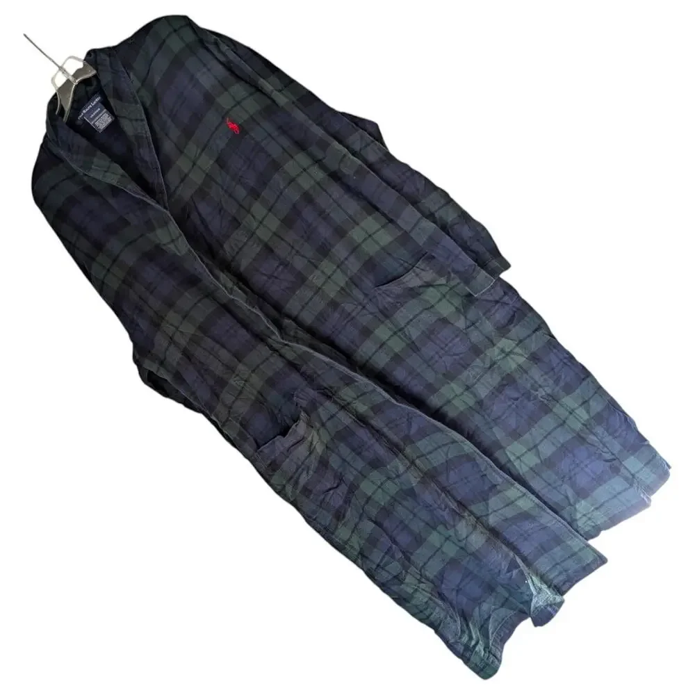 Polo Ralph Lauren Robe Mens Large Green Navy‎ Plaid Cotton Flannel Belted Lounge